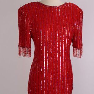 Vtg Laurence Kazar Red Sequin Beaded Fringe Dress Gown Party Cocktail Wedding
